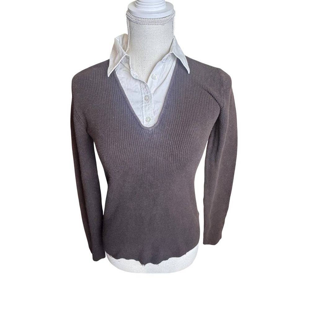 Lauren Ralph Lauren Brown Ribbed Layered Collar Sweater Womens Medium Cotton